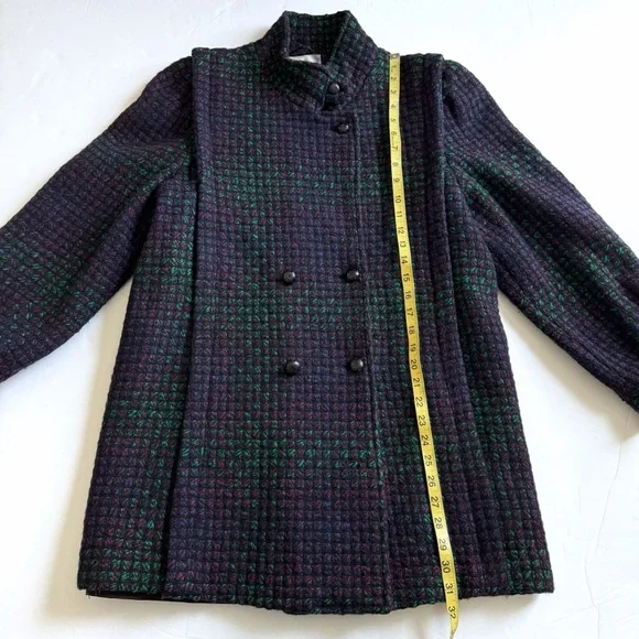 Vintage Tweed Peacoat Womens 10 Purple Green Wool 90s Classic Double Breasted - Picture 4 of 15